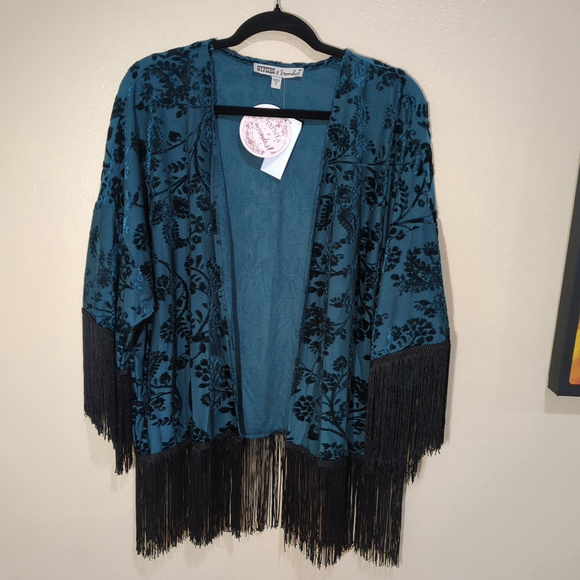 Woven Heart Sweaters - Gypsies & Moondust Velvet Kimono Green Teal Fringe